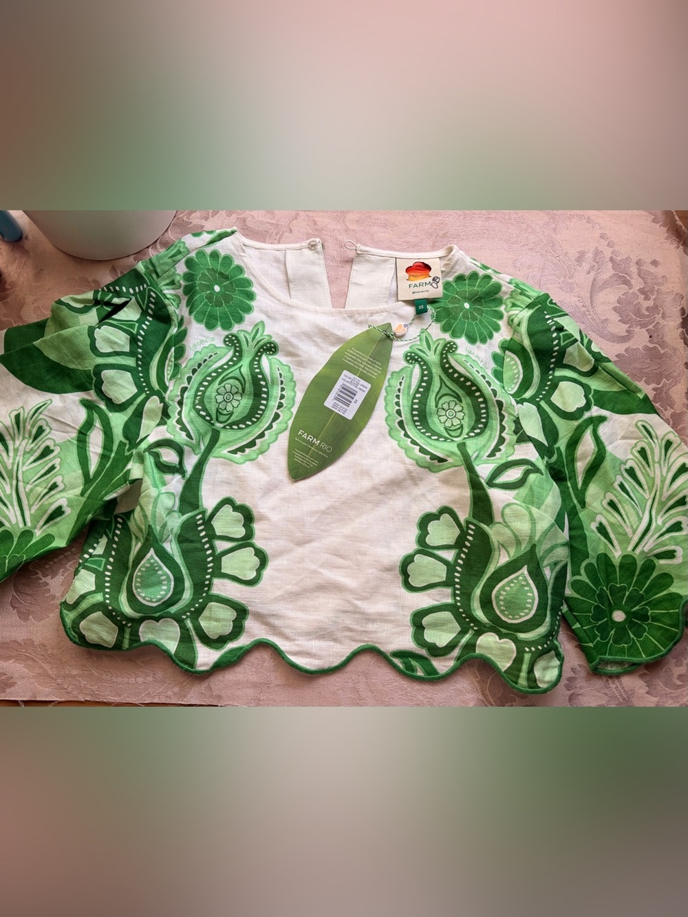New W/ Tags FARM Rio Green Festival Floral Linen Scalloped Cropped Blouse XS - Picture 3 of 10